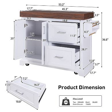 Merax 53" Large Kitchen Island with 3.5" Thick Desktop, Rolling Kitchen Island
