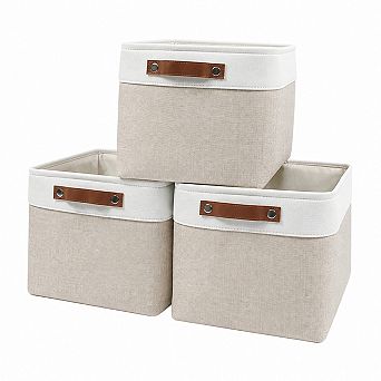 3 Pack Decorative Linen Storage Baskets With Handles For Home Office Organization