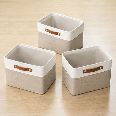 3 Pack Decorative Linen Storage Baskets With Handles For Home Office Organization