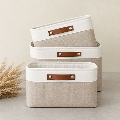 3 Pack Decorative Linen Storage Baskets With Handles For Home Office Organization