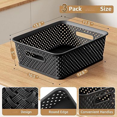 3 Pack Plastic Storage Baskets With Built In Handles For Home Office Organization