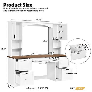 Merax Mid-Century Walnut Farmhouse Computer Desk with Hutch Arched Design, Charging Station