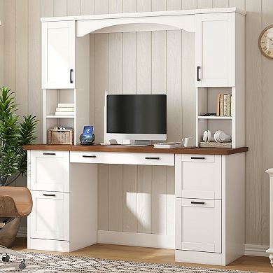 Merax Mid-Century Walnut Farmhouse Computer Desk with Hutch Arched Design, Charging Station