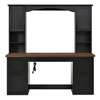 Merax Mid-Century Walnut Farmhouse Computer Desk with Hutch Arched Design, Charging Station