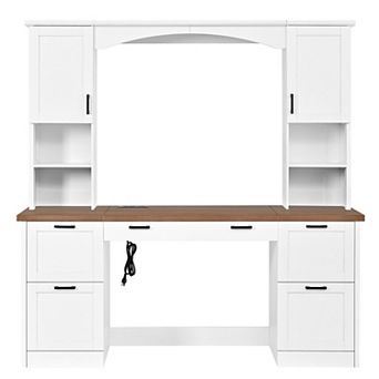 Merax Mid-Century Walnut Farmhouse Computer Desk with Hutch Arched Design, Charging Station