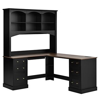 L‑Shaped Corner Desk with Charging Stations Farmhouse Walnut with Arched Hutch