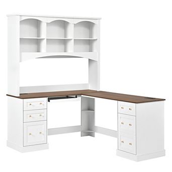 L‑Shaped Corner Desk with Charging Stations Farmhouse Walnut with Arched Hutch