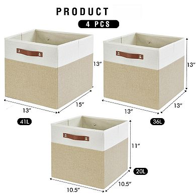 4 Pack Foldable Fabric Storage Baskets With Reinforced Pu Handles For Shelves