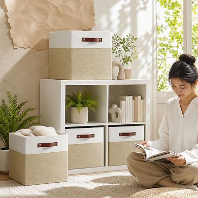 4 Pack Foldable Fabric Storage Baskets With Reinforced Pu Handles For Shelves