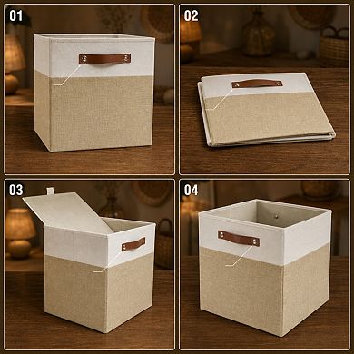 Collapsible Linen Fabric Storage Bins Reinforced Pu Handles Foldable Closet Organizer Baskets