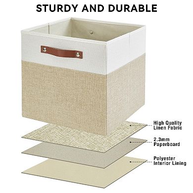 Collapsible Linen Fabric Storage Bins Reinforced Pu Handles Foldable Closet Organizer Baskets
