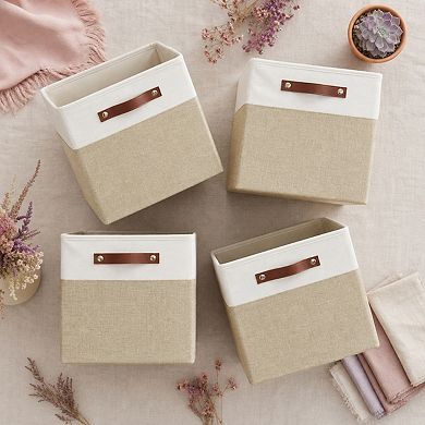 Collapsible Linen Fabric Storage Bins Reinforced Pu Handles Foldable Closet Organizer Baskets