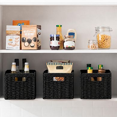 Hand Woven Foldable Storage Baskets With Handles For Shelves Pantry Organization