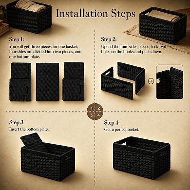 Hand Woven Foldable Storage Baskets With Handles For Shelves Pantry Organization