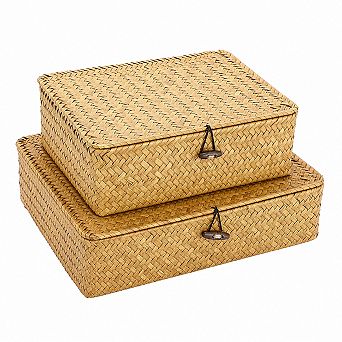 Handwoven Seagrass Storage Baskets With Lids Flat Woven Home Decor Organizers