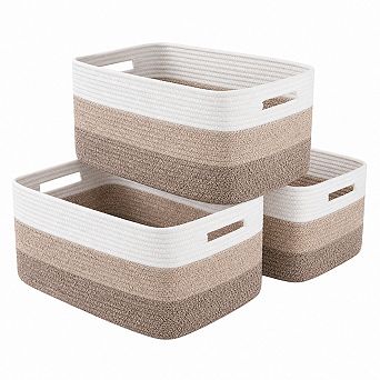 Woven Cotton Rope Storage Baskets 3 Pack Closet Shelf Organizer For Clothes Blankets Toys