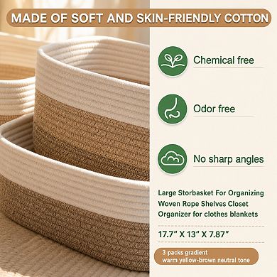 Woven Cotton Rope Storage Baskets 3 Pack Closet Shelf Organizer For Clothes Blankets Toys