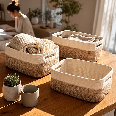 Woven Cotton Rope Storage Baskets 3 Pack Closet Shelf Organizer For Clothes Blankets Toys