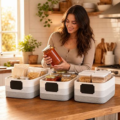 Rectangle Rope Woven Storage Baskets Sturdy Structured Organizer Bins