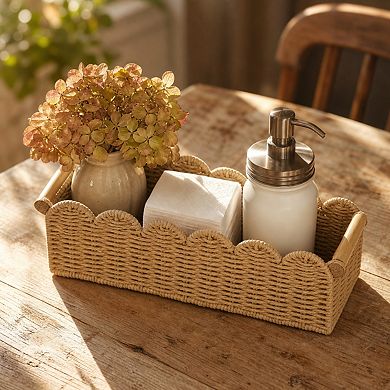 Scalloped Edge Woven Paper Rope Storage Basket With Wooden Handles Multipurpose Decor