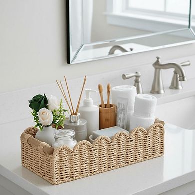Scalloped Edge Woven Paper Rope Storage Basket With Wooden Handles Multipurpose Decor