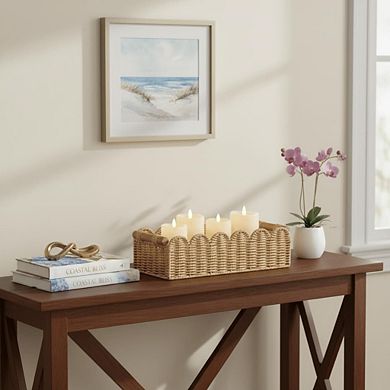 Scalloped Edge Woven Paper Rope Storage Basket With Wooden Handles Multipurpose Decor