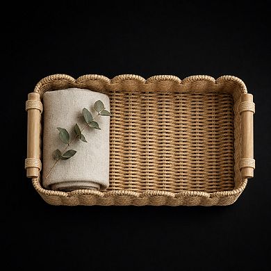 Scalloped Edge Woven Paper Rope Storage Basket With Wooden Handles Multipurpose Decor