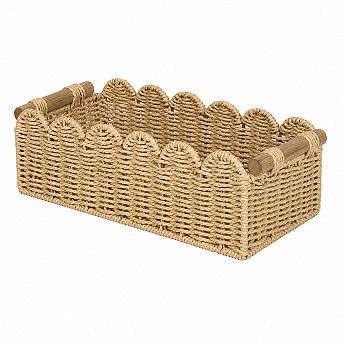 Scalloped Edge Woven Paper Rope Storage Basket With Wooden Handles Multipurpose Decor