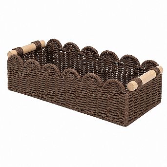 Scalloped Edge Woven Paper Rope Storage Basket With Wooden Handles Multipurpose Decor