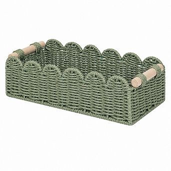 Scalloped Edge Woven Paper Rope Storage Basket With Wooden Handles Multipurpose Decor