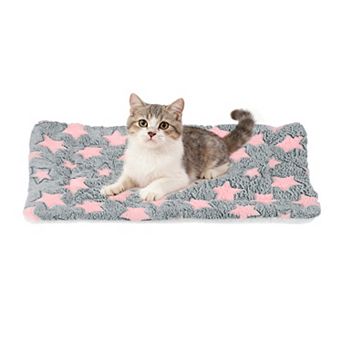 Dog Cat Bed Mat, Soft Coral Fleece Pet Cushion Pad with Cute Stars Print, Warm Washable Pet Bed