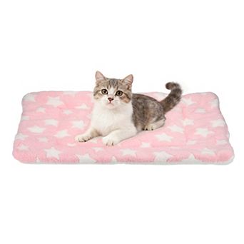 Dog Cat Bed Mat, Soft Coral Fleece Pet Cushion Pad with Cute Stars Print, Warm Washable Pet Bed