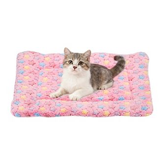 Dog Cat Bed Mat, Soft Coral Fleece Pet Cushion Pad with Cute Stars Print, Warm and Washable Pet Bed