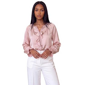 Women's Button Down Ruffle Shirts Tie V Neck Blouses Chiffon Tops