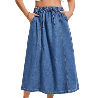 Women's Elastic Waist Maxi Denim Skirts with Pockets