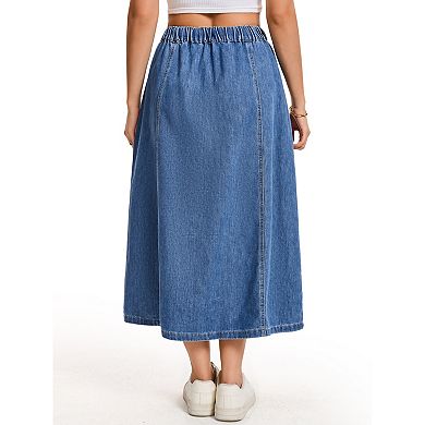Women's Elastic Waist Maxi Denim Skirts with Pockets