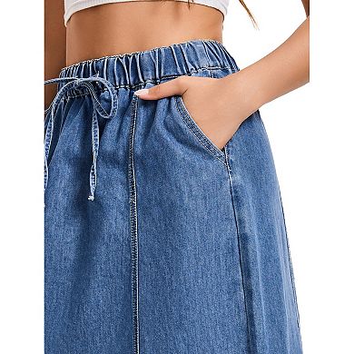Women's Elastic Waist Maxi Denim Skirts with Pockets