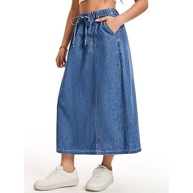 Women's Elastic Waist Maxi Denim Skirts with Pockets