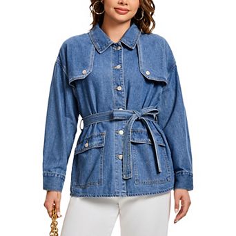 Women's Denim Jacket Casual Long Sleeve Button Down Collar Short Trench Coat with Belt Jean Jackets