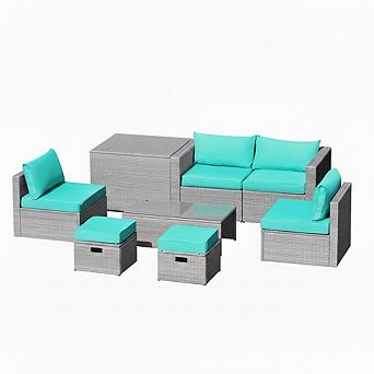 Costway 8 pc Patio Rattan Furniture Set Storage Waterproof Cover Cushion
