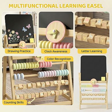 Qaba Wooden Kids Art Easel with Double-Sided Chalkboard, Clock and Abacus