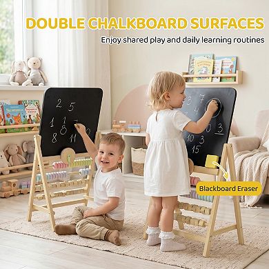 Qaba Wooden Kids Art Easel with Double-Sided Chalkboard, Clock and Abacus