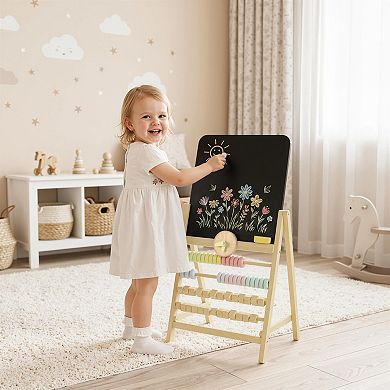 Qaba Wooden Kids Art Easel with Double-Sided Chalkboard, Clock and Abacus