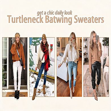 Women Turtleneck Batwing Sleeve Chunky Knit Jumper