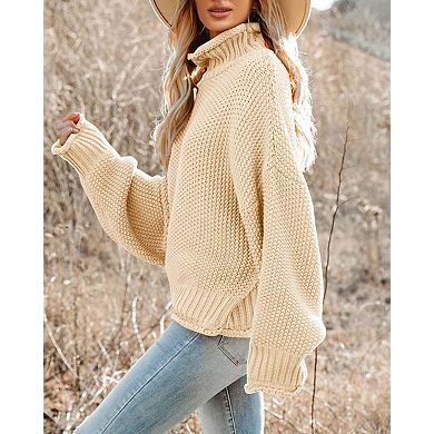 Women Turtleneck Batwing Sleeve Chunky Knit Jumper