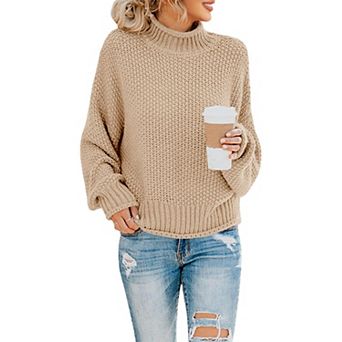 Women Turtleneck Batwing Sleeve Chunky Knit Jumper