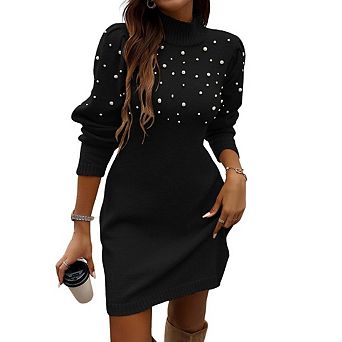 Women's Elegant Long Puffy Sleeve Sweater Pearl Dress Turtle Neck Knit Mini Wrap Work Dresses
