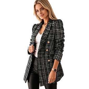 Women's Casual Tweed Plaid Lapel Blazer Jacket Business Double Breasted Long Sleeve With Pockets
