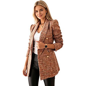 Women's Casual Tweed Plaid Lapel Blazer Jacket Business Double Breasted Long Sleeve With Pockets