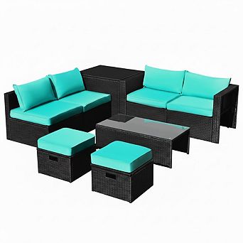 Costway 8 pc Patio Rattan Furniture Set Storage Table Ottoman cover